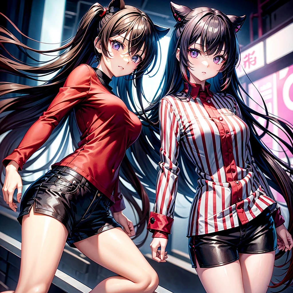 Tokyo Revengers style anime girl, by white, deep purple eyes, black and red striped shirt, shorts negros 