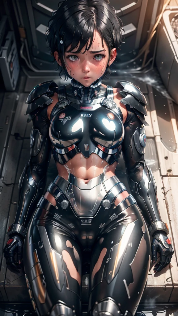 Highest quality　8k Cyborg Suit Girl　　Sweaty face　cute　Boyish short hair　Very short hair　Steam coming out of my head　My hair is wet with sweat　Black Hair　Broken and unable to move　　Lying down　Soaked Face　My crotch is wet