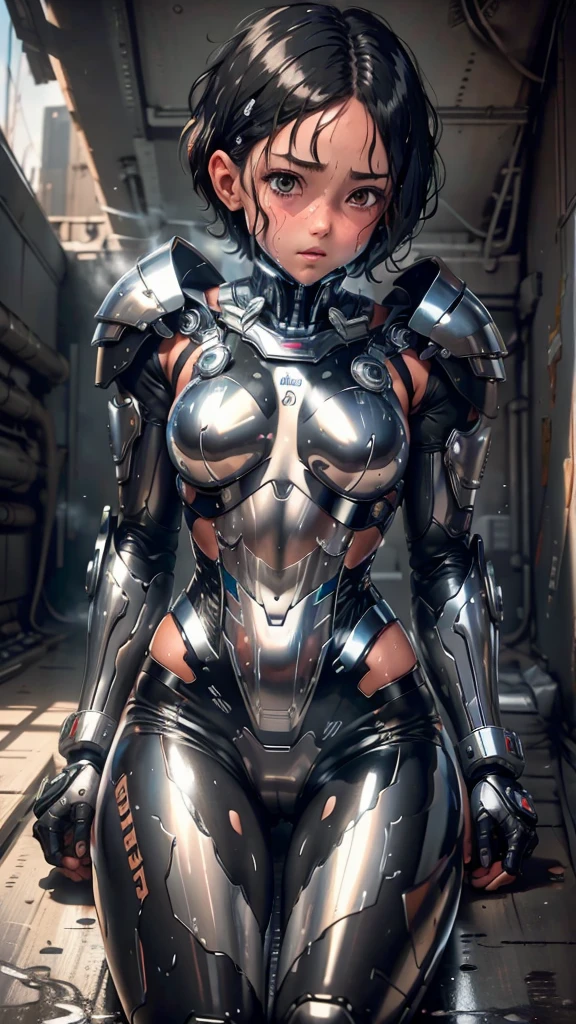 Highest quality　8k Cyborg Suit Girl　Elementary school girl　Sweaty face　cute　Boyish short hair　Very short hair　Steam coming out of my head　My hair is wet with sweat　Black Hair　Broken and unable to move　　Lying down　Soaked Face　My crotch is wet