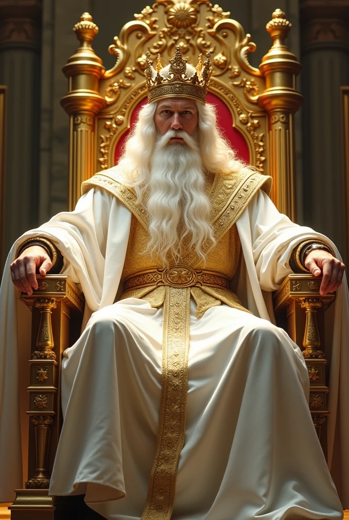 a young man with posture, powerful and majestic, with big white hair, with a big white beard, facing the front, with large white robes, with a breastplate, with a golden belt and a large shining crown of gold on his head sitting and leaning on a large and exalted throne all of gold