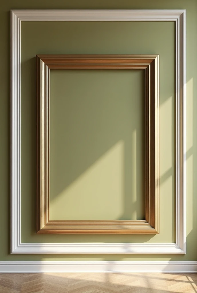 Create olive green paint wall with double layers pvc moulding in white and golden color and create 3 frames like the center one is bigger comparatively the other two in one wall and see full wall image