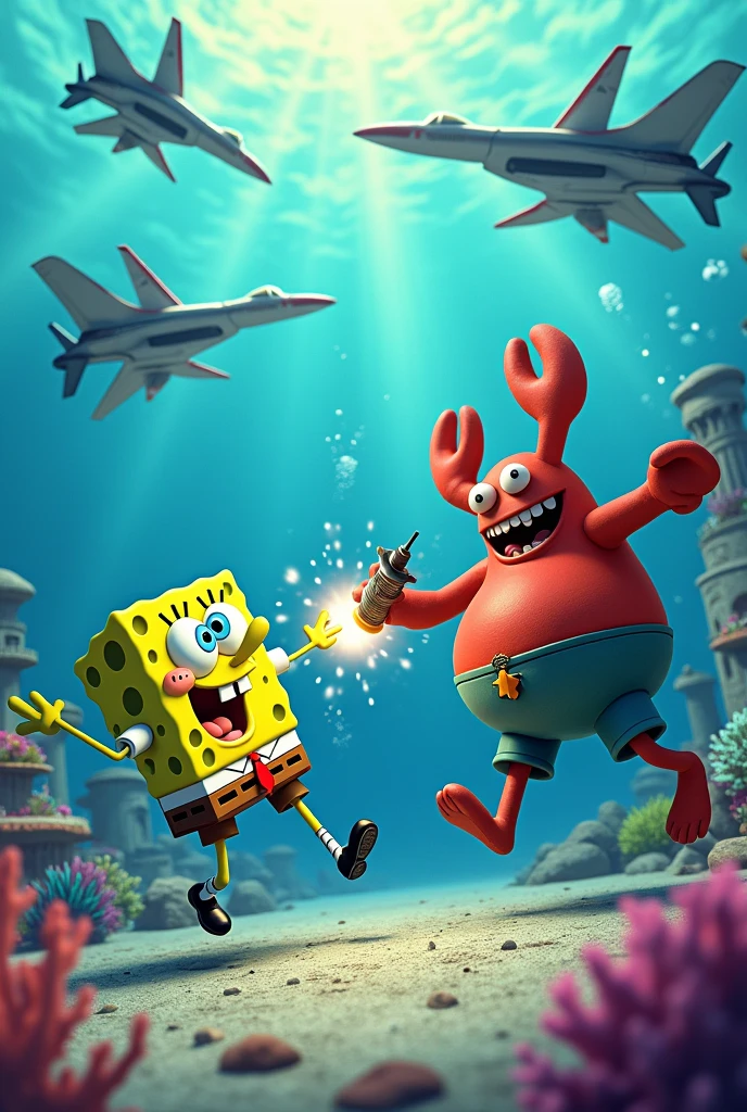 Sponge Bob in a war with 4 jets and Mr. Krabs with a bazooka and an explosion
