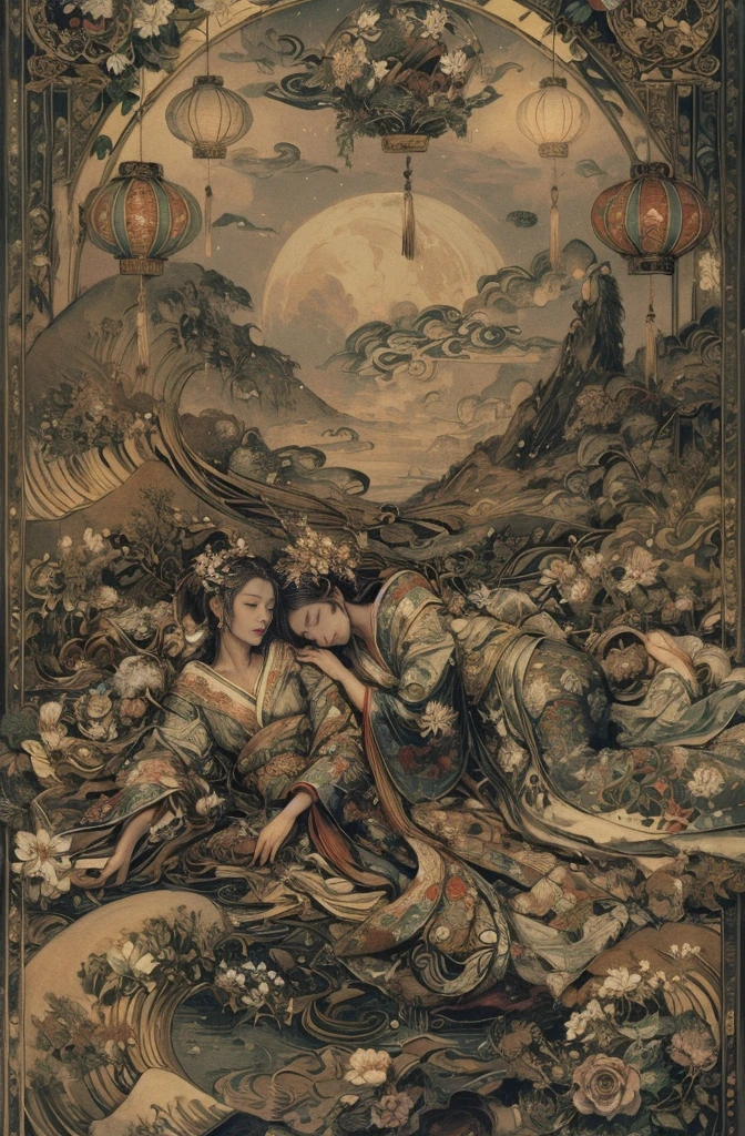 Two young girls with flowing brown hair lie side by side, the
their hair adorned with floral ornaments, their eyes gently closed in tranquility.
Dressed in kimonos with floral prints and sashes, they are
barefoot and lying on their sides, their posture is soft and serene.
A full moon hangs in the sky, and paper lanterns are suspended in the sky.
clouds and mist flowing like undulating waves.
The smoke rendering (egasumi) creates a surreal feeling.
Tradition and modernity are blended, like an artistic imitation.