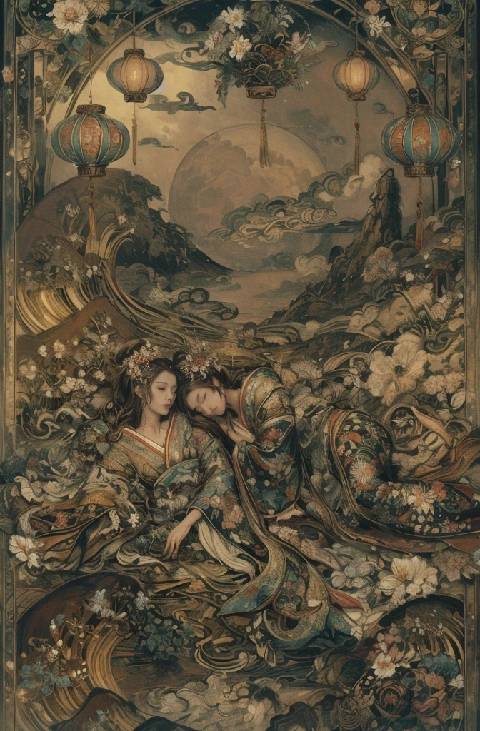 Two young girls with flowing brown hair lie side by side, the
their hair adorned with floral ornaments, their eyes gently closed in tranquility.
Dressed in kimonos with floral prints and sashes, they are
barefoot and lying on their sides, their posture is soft and serene.
A full moon hangs in the sky, and paper lanterns are suspended in the sky.
clouds and mist flowing like undulating waves.
The smoke rendering (egasumi) creates a surreal feeling.
Tradition and modernity are blended, like an artistic imitation.