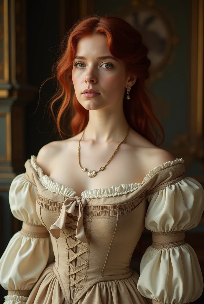 Description: 19th century period romance Fat woman with loose dark red hair, elegant period clothing in neutral tones