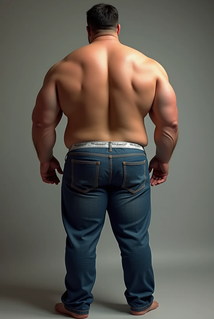 He weighs 130kg, is 170cm tall, has a round build, short black hair, and is shirtless.　The elastic of the underwear is slightly visible.、Back view of a man wearing denim
