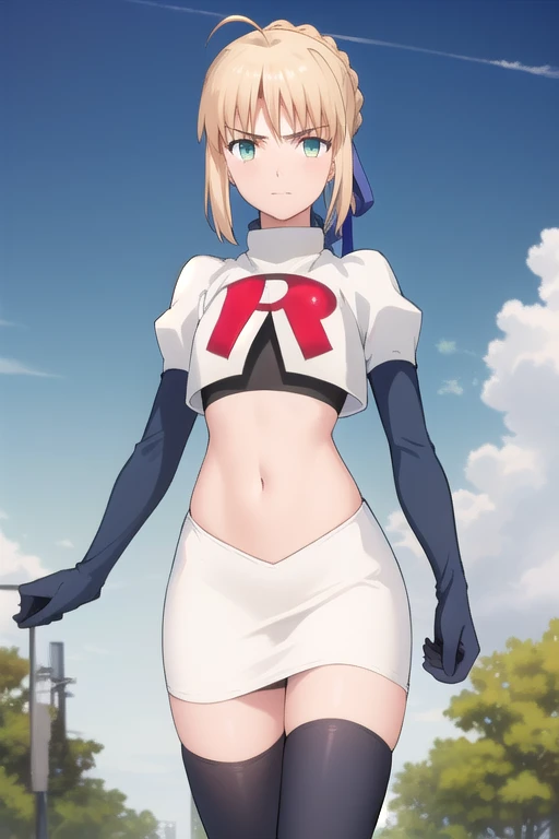 best quality, masterpiece, phSaber, phAltoria, 1girl, solo, blue ribbon, looking at viewer, french braid, hair bun, short hair, outdoors, team rocket,team rocket uniform,white skirt,red letter R,crop top,black thigh-highs,black elbow gloves