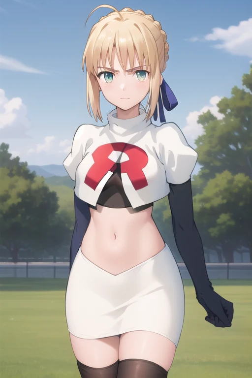 best quality, masterpiece, phSaber, phAltoria, 1girl, solo, blue ribbon, looking at viewer, french braid, hair bun, short hair, outdoors, team rocket,team rocket uniform,white skirt,red letter R,crop top,black thigh-highs,black elbow gloves
