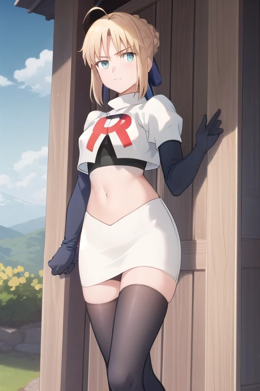 best quality, masterpiece, phSaber, phAltoria, 1girl, solo, blue ribbon, looking at viewer, french braid, hair bun, short hair, outdoors, team rocket,team rocket uniform,white skirt,red letter R,crop top,black thigh-highs,black elbow gloves