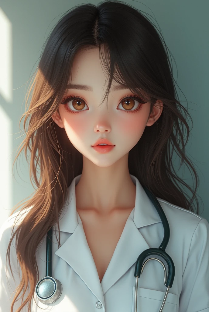 Pretty, adorable girl with a doctor suit. Brown hair, Hazel eyes, sexy eyes and plump lips