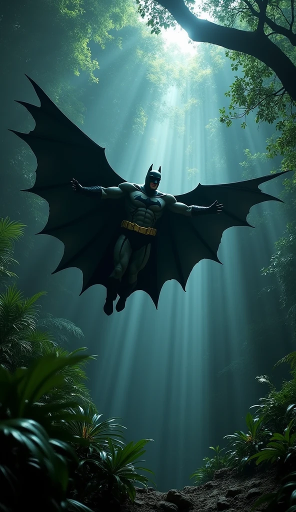 Batman flying in deep jungle, fantasy jungle with lights and tress, photorealistic, cinematic, dynamic pose