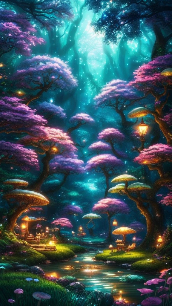 Enchanting anime fairy grove in 4K quality, in the style of digital illustration inspired by Hayao Miyazaki, depicting a hidden grove with ancient trees, glowing mushrooms, a sparkling stream, and fairies flitting about; vibrant and mystical colors, moonlit lighting, no human characters, the atmosphere is magical and serene --v 5 --stylize 1000