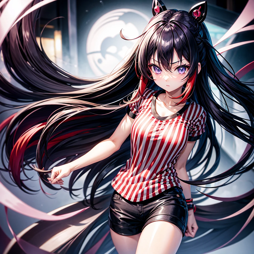 Tokyo Revengers style anime girl, by white, deep purple eyes, black and red striped shirt, shorts negros