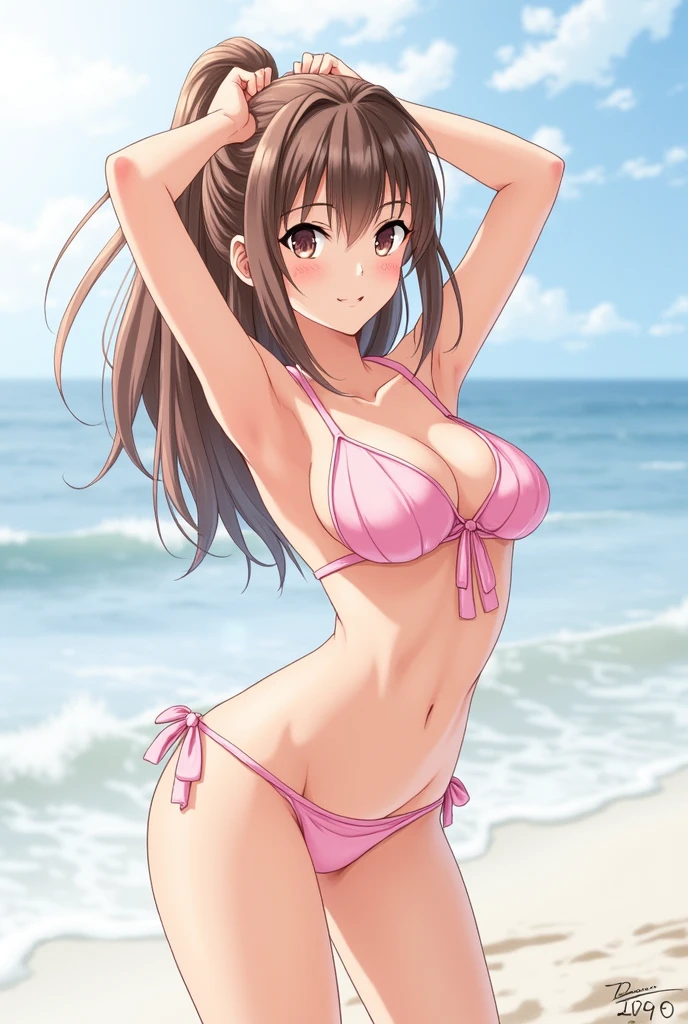 An anime-style girl with bushy pubic hair wearing a tiny swimsuit。