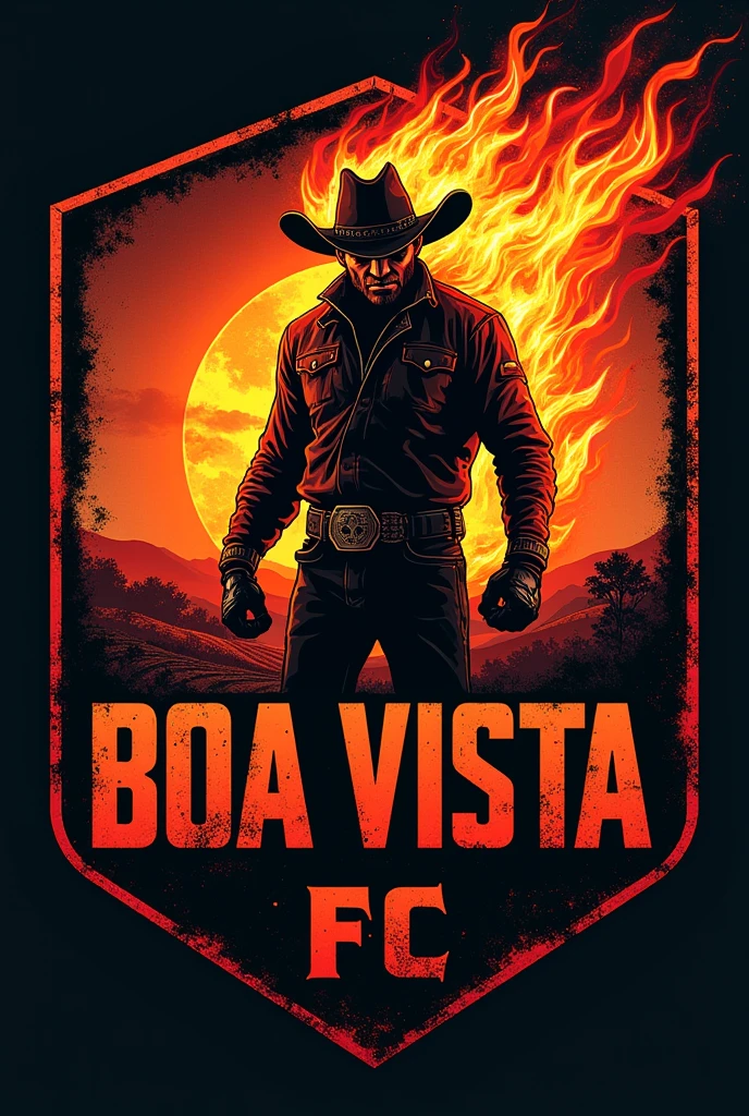 shield of a football team from a farm called Boa Vista with a devilish cowboy on fire, must have the name "Boa Vista FC" no shield