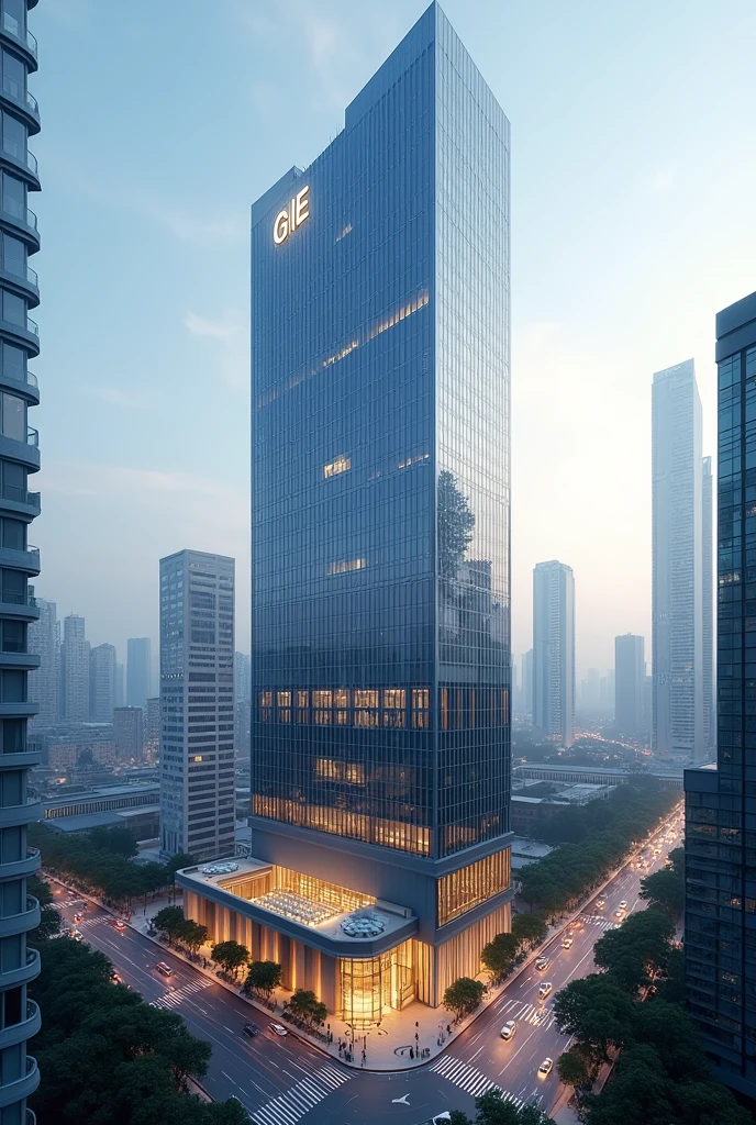 Generate a buiding in the middle of a city wth the logo GIE Corporate