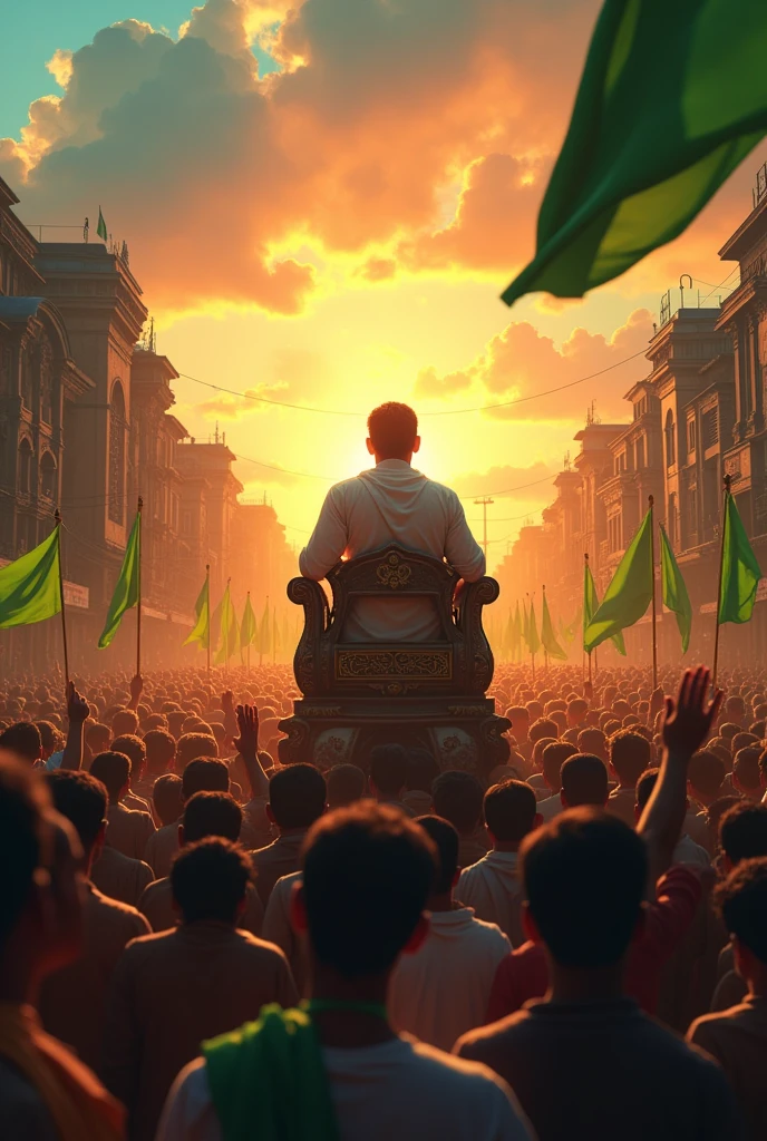 A large crowd of tamilnadu people of mostly men, gathered in a city street waving green flags and banners. In the center, a man with dark hair wear white shirt  and Dhoti is sitting in king chair on a platform, addressing the crowd. The sky has a orange and blue sunset glow, creating a dramatic atmosphere golden sparkle
