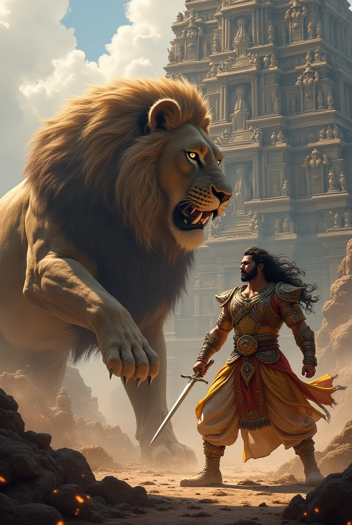 King cheran fiting with lion with tanjai periya Kovil temple background

