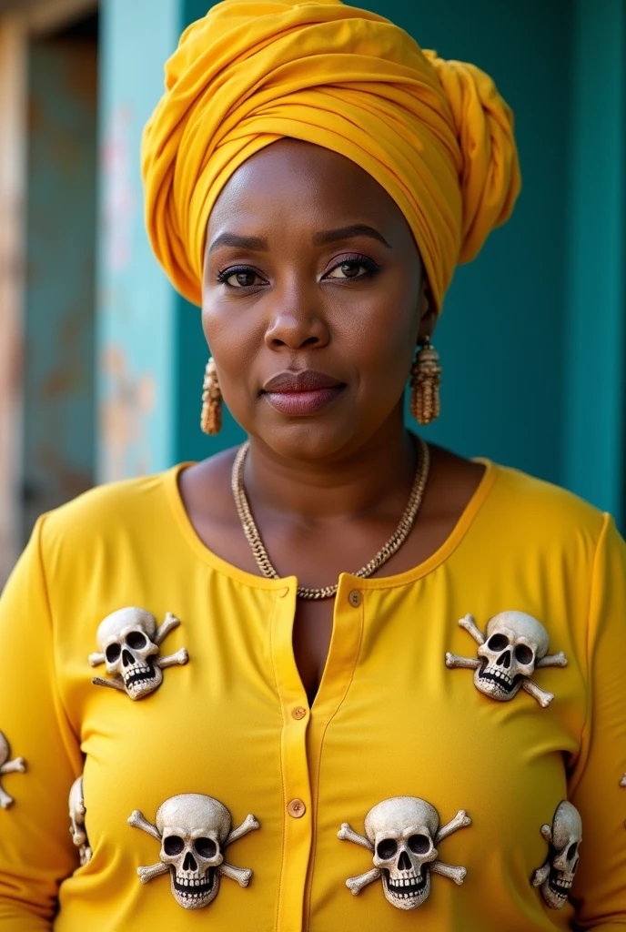 chubby woman, between 39-43 years of age, with Cuban descent, light mixed skin, who wears a yellow turban and a yellow dress, that has skulls and seashells on its feet. That his complexion is a mix between black Africans and white Spanish people.