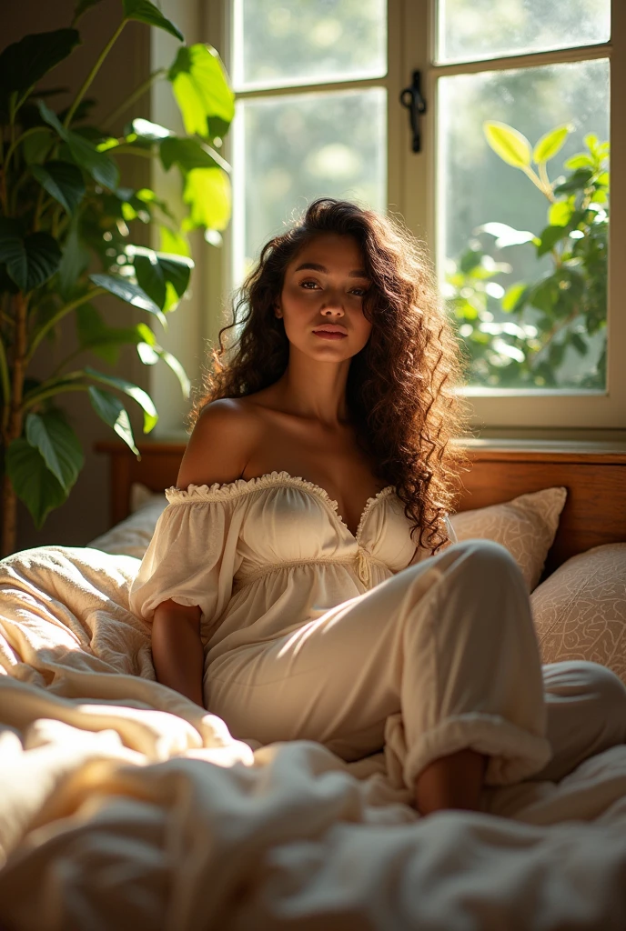 (photorealism:1.2), beautiful woman, sitting on bed, wearing loose off-shoulder top, pajama pants, long curly hair, indoors, soft lighting, plants in background, window with sunlight, cozy room, relaxed pose, realistic, intricate details, warm colors, by Greg Rutkowski, by Alphonse Mucha