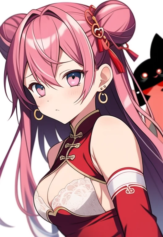 Pink hair bun Troubled face Low - Angle front Back white Background white Small breasts Red Chinese clothing garter belt Amia Misty stockings Big eyes Hearts in the eyes Ring Earrings front