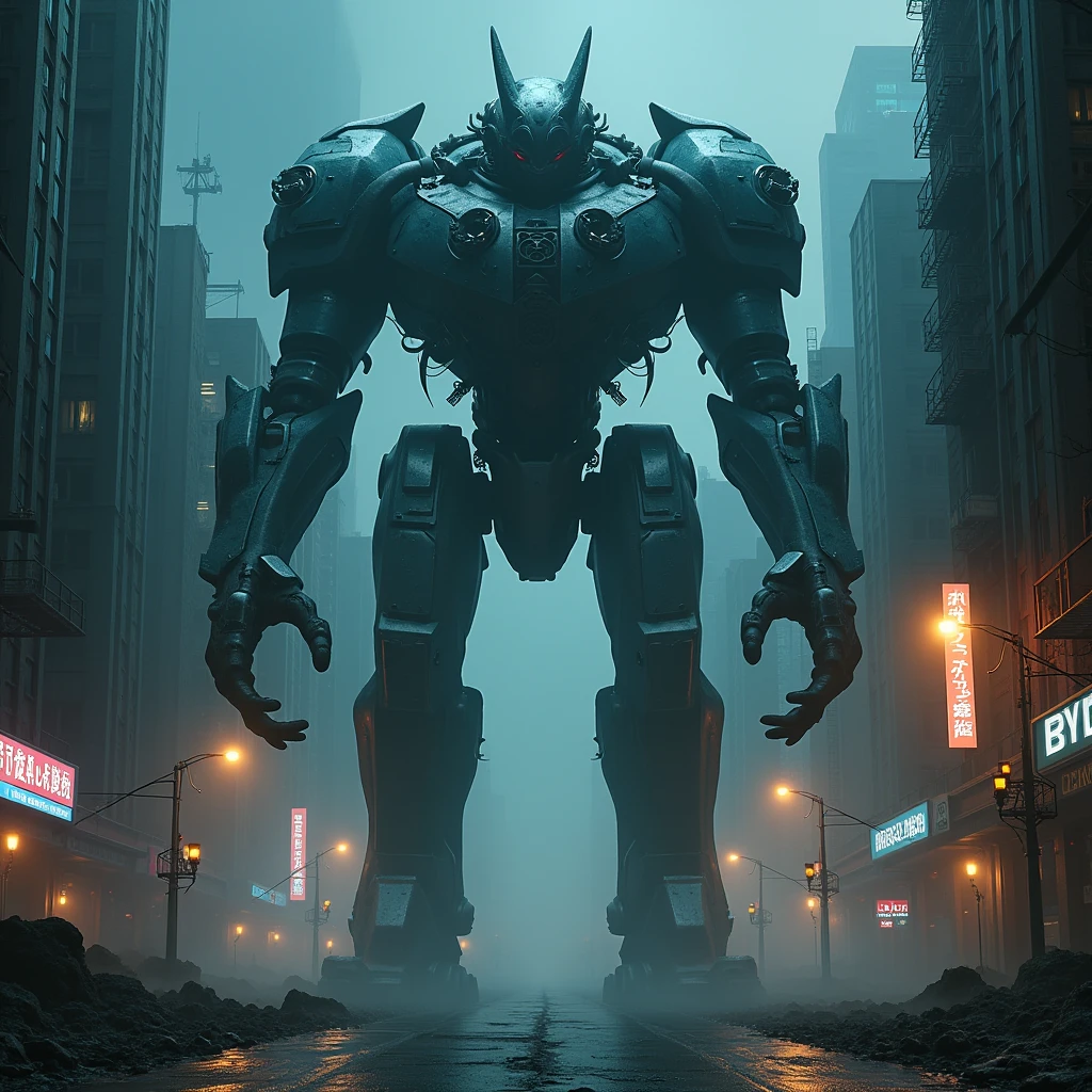 night city. brutal robot. Mystical style