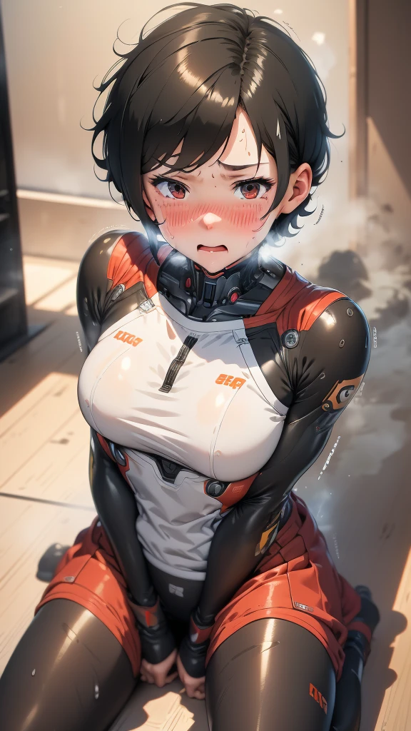 Highest quality　8k Cyborg Suit Girl　Elementary school girl　Sweaty face　cute　Boyish short hair　Very short hair　Steam coming out of my head　My hair is wet with sweat　Black Hair　Broken and unable to move　　Lying down　Soaked Face　My crotch is wet