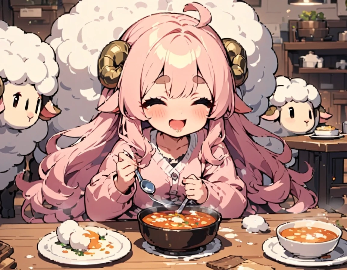 masterpiece, Highest quality, highres, super detail, uhd, 8k, Vivid, young woman, Sheep, smile, cute, Facing forward, Open your mouth, Fluffy hair, Long Hair, Hair like sheep's hair, Pink Hair, Thick eyebrows, Pink dress, Long skirt, Light blue cardigan, Brown shoes, ((indoor, table, Eating stew, White plate, spoon))