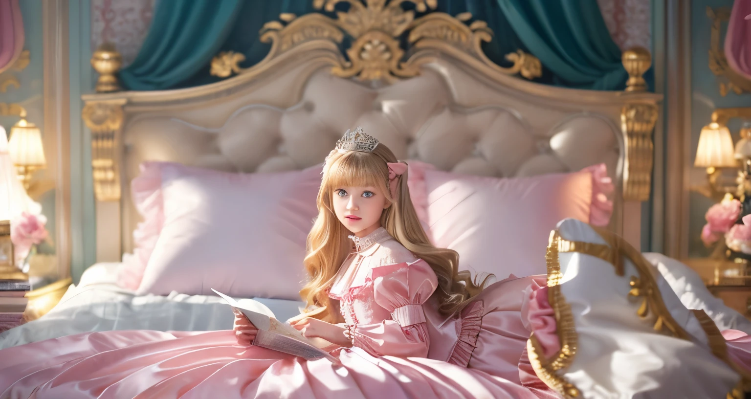 ,highest quality, masterpiece, highest resolution, artwork, super それにget used to it, many get used to it, get used to it, それにget used to it, 3K realistic photos,,(( When I was 10 years old)),Super detailed baby face,She is a princess,Full length ball gown dress with hoop skirt,ruffle yoke collar,puff sleeves,long sleeve,((Lolita style hot pink detailed princess satin dress、Comes with lots of frills and ribbons。)),colorful rococo fashion,shiny satin dress,Soft and smooth fabric,luxury,long blonde hair,blue eyes,white skin european,pajamas,((inside the palace)),,,(( When I was 10 years old)),Super detailed baby face,Full length ball gown dress with hoop skirt,long skirt,ruffle yoke collar,puff sleeves,腰まで伸びるlong blonde hair,blue eyes,white skin european,pajamas,((inside the palace bedroom)),ピンクのシルクサテンのluxuryなcanopy bedの上,canopy bed,Luxurious curtains on both sides of the bed,many frilly pillows on the bed,super detailed background,Detailed bed,romantic atmosphere,little princess is lying on the bed,Read picture books,the dress is spread across the bed,soft pink silk satin comforter,Beautiful girl illustration,detailed beautiful face detailed hair,detailed human eye ,detailed mouth, arm details,detailed hand,detailed picture book