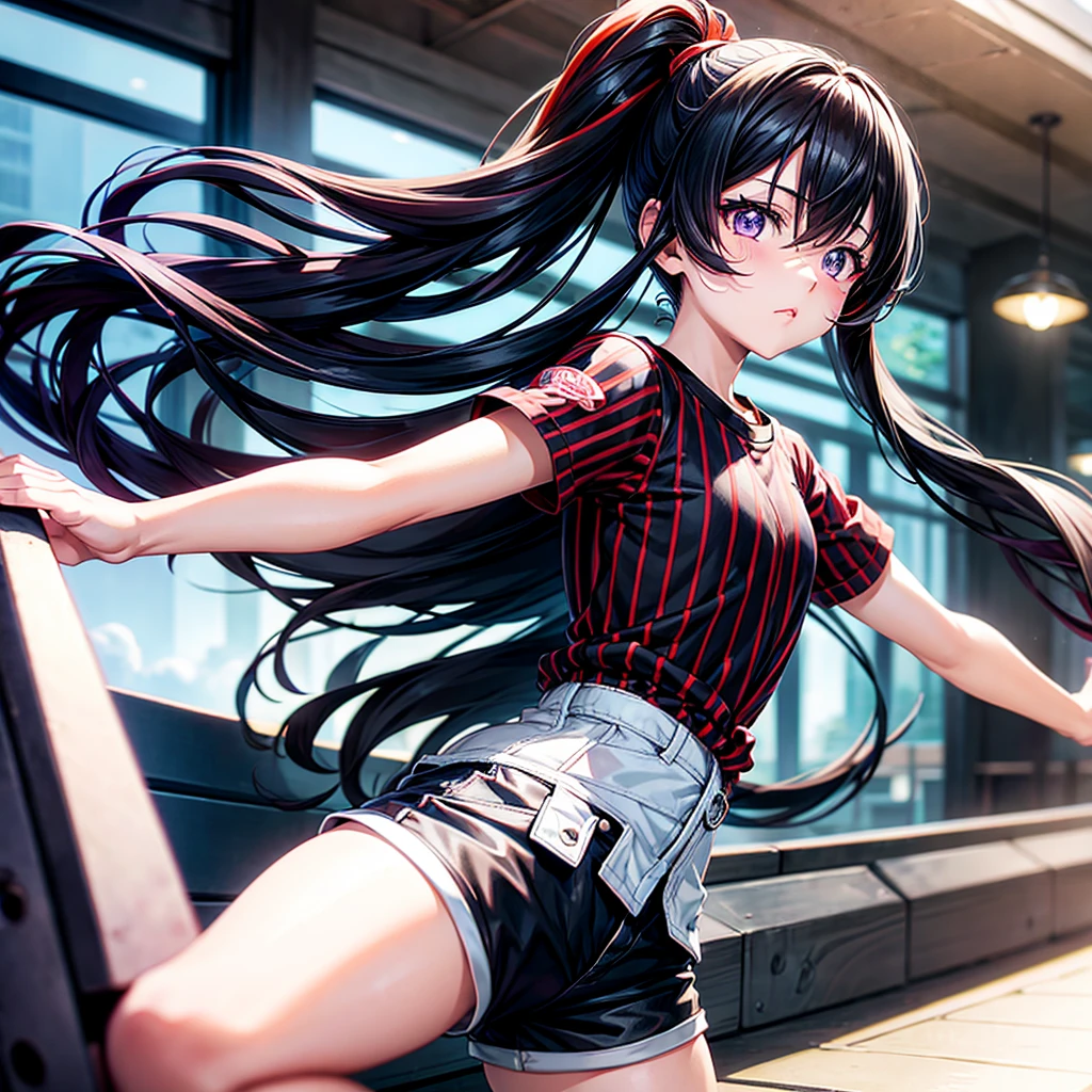 Tokyo Revengers style anime girl, by white, deep purple eyes, black and red striped shirt, shorts negros, adolescent, medium complexion