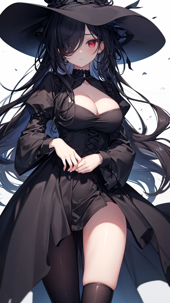 masterpiece, best quality, solo focus, 1girl, simple background, an extremely delicate and beautiful girl, finely detailed beautiful eyes and detailed face, black hair, very long hair, hair over right eyes:1.9, hair over one eye, right eyes hidden by hair, red eyes, empty eyes, (expressionless), timid, cute girl, black choker, slender, big boobs, nice hands, perfect hands, sexy black dress, long puff sleeves dress, black tights, standing, looking at viewer