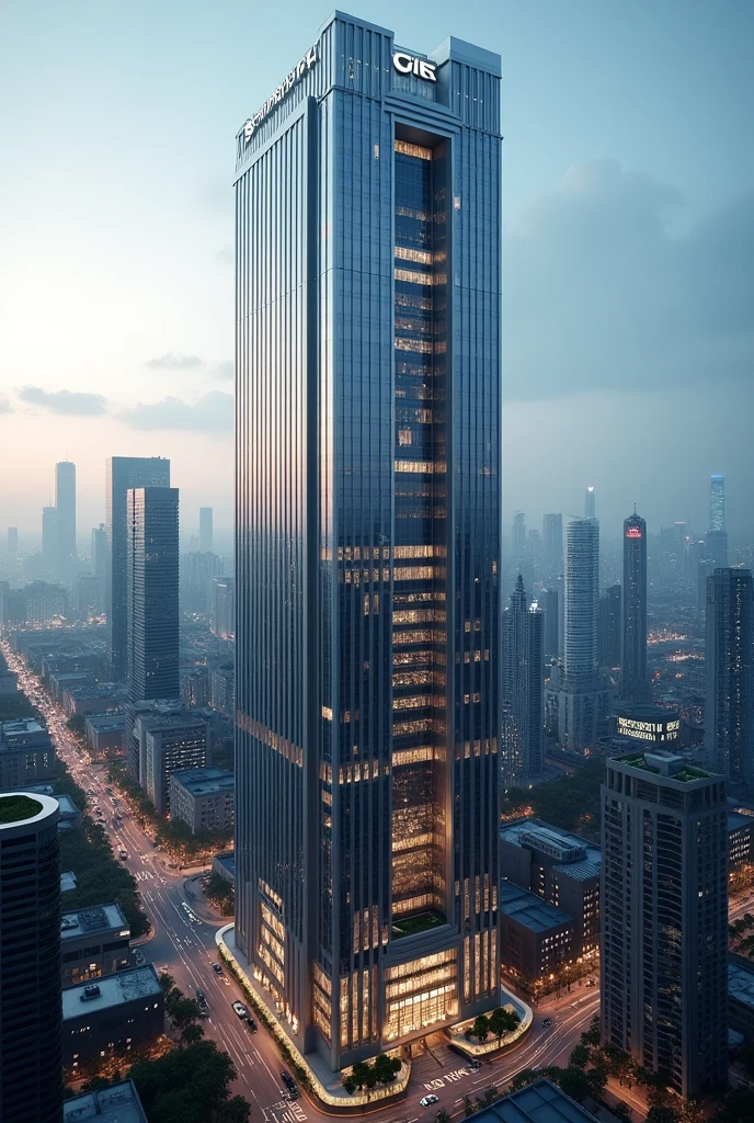 Generate a buiding in the middle of a city wth the logo GIE Corporate