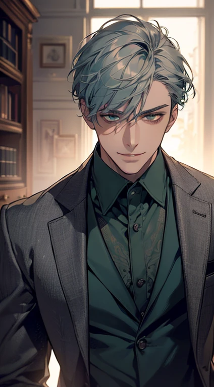 ((a mature man, very handsome, smile in love, short grey blue hair, green eyes, perfect face without errors)), ((buttoning the jacket, CEO)), (best quality, masterpiece, 8K, photorealistic, cinematic lighting, hdr image, ultra detailed, beautiful image), (portrait, detailed facial features, intricate textures, realistic skin tones, highly detailed, ultra-realistic), (warm lighting, soft shadows, dramatic lighting), (muted color palette, rich tones), (professional photography, high resolution, studio lighting)