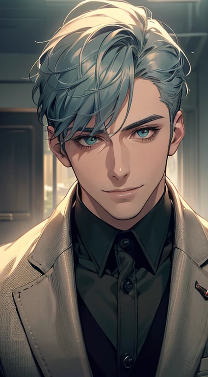 ((a mature man, very handsome, smile in love, short grey blue hair, green eyes, perfect face without errors)), ((buttoning the jacket, CEO)), (best quality, masterpiece, 8K, photorealistic, cinematic lighting, hdr image, ultra detailed, beautiful image), (portrait, detailed facial features, intricate textures, realistic skin tones, highly detailed, ultra-realistic), (warm lighting, soft shadows, dramatic lighting), (muted color palette, rich tones), (professional photography, high resolution, studio lighting)