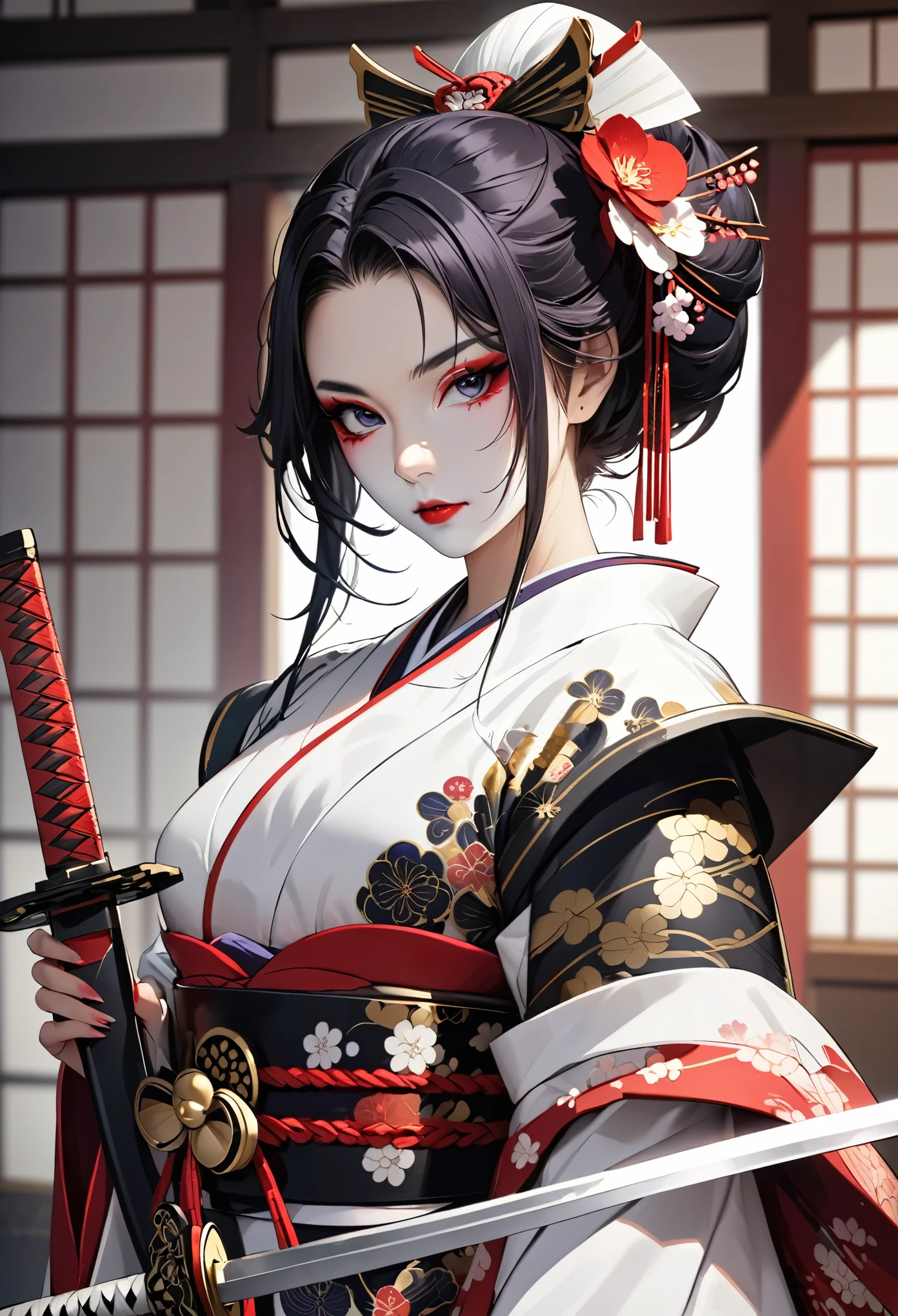 (masterpiece, best quality, high resolution), (detailed skin, detailed face),
 female samurai in geisha costume with white face makeup and magnificent sword