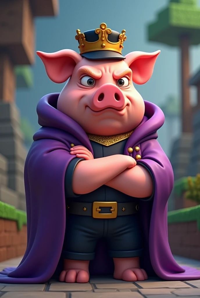 
a pig Masculine Disgusted in a purple king's outfit and black hat and black pants.cantoon style Minecraft 