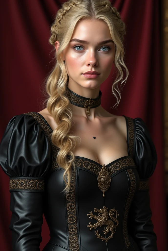 Create a young blonde haired, blue eyed Lannister woman wearing a black leather dress with gold lion detailing and all her hair pulled back on top of her head