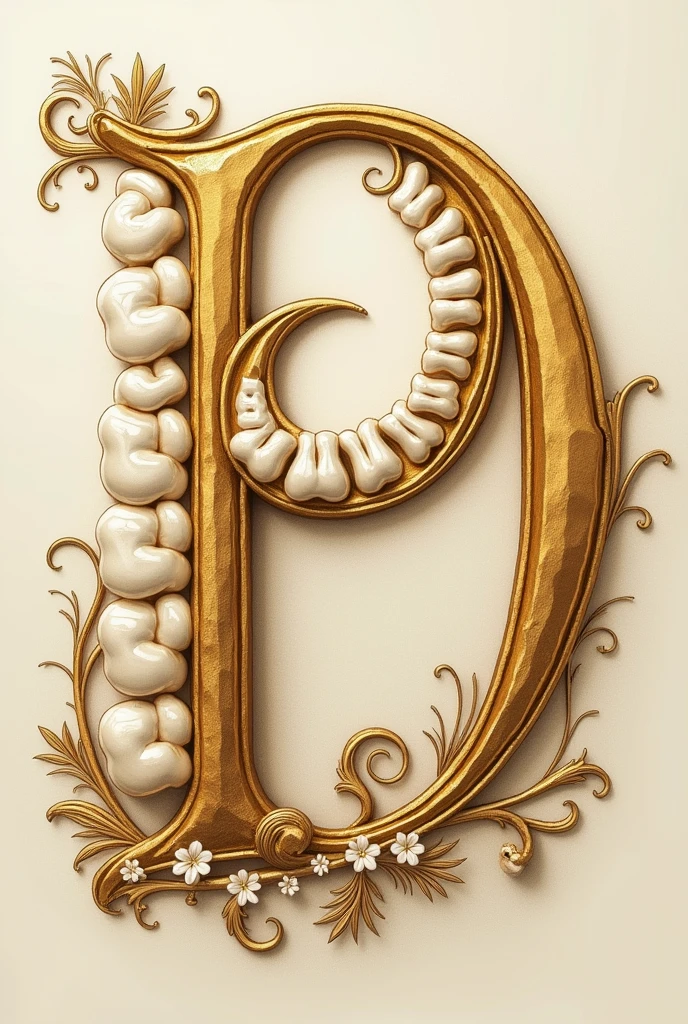 Create image with letter P and letter D in tooth shape, fine stroke, doradas.
