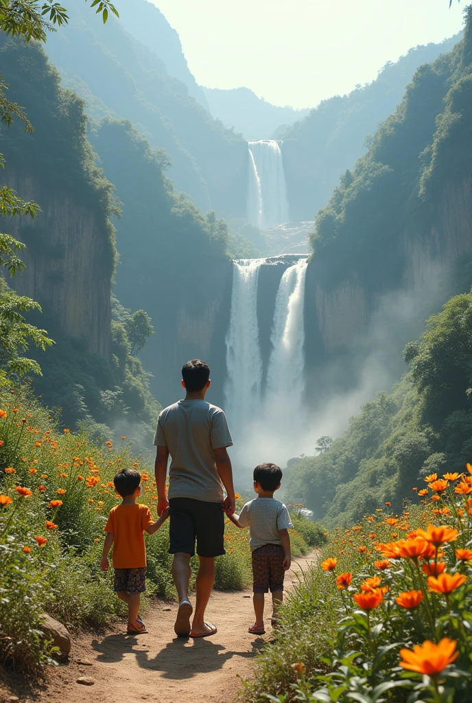 A 35-year-old Thai man and his wife and twin sons walk around a beautiful flower garden, surrounded by waterfalls and high mountains. Beautiful and detailed images.