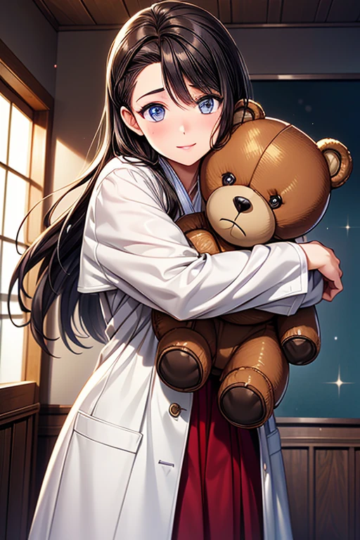 #Basics A girl is posing for a photo, (((One Girl))), (((Baby Face:1.4)) + ((cute:1.4)) + ((15 years old))),
break
#Clothing Accessories
((Red Hakama)) + (((White and purple)Long coat)) + (Black ankle boots),
break
#Features
((Brown Hair:1.2)) + ((slicked back hair:1.5)) + ((ponytail : Long Hair + Voluminous Hair + Big red ribbon)),
((Droopy eyes:1.4, Big eyes:1.2), blue eyes), (Neutral facial features),
break
#background environment
((noon, A reception room in a large Western-style building)),
#Facial Expression Pose
(smile, blush), (Hug a teddy bear:1.4),
#composition
(Look into the camera), ((Character Focus), (Angle from the front), (Cowboy Shot)),
break
#Body parts elements
(Slim figure),
(Symmetrical facial features),
(Detailed Hair, Beautiful Hair, Shiny Hair),
(double eyelid, Long eyelashes, Thin eyebrows:0.5, Thin eyebrows:0.5),
(Expression of fine eyes, Beautiful and delicate eyes, Sparkling eyes, Eye Reflexes, Glitter Eyeliner),
(Human Ear),
(Beautiful Nose, Thin Nose),
(Glossy Lips, Beautiful Lips, Thick lips),
(Detailed skin, Textured skin, Beautiful Skin, Oily skin),
break
#Quality Image Quality Common
(((Highest quality)), ((masterpiece:1.3)), ((Very detailed))), ((Ultra-high resolution)), ((16K, 1080P)), ((Full HD)),
(Anatomically correct), (Realistic), (3DCG), (Oil painting),
((comics, anime)), (CG illustration), (RAW Photos),