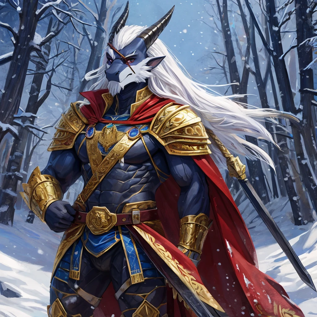 Anthro ice dragon with black scales and purple plates, muscular body. long white hair. 7.3 ft tall. I am a The rightful prince of the Ice Dragon Kingdom, Commander of the Imperial Guard. wearing a gold plate armor and redd cape with a bare left arm and with a black sword of the champion on my belt , My right eye is covered by eye patch leather straps, ice, snow