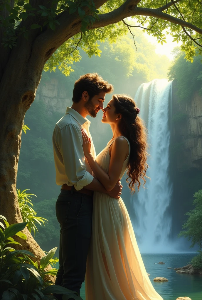 Two lovers watching each other with deep love in their eyes and they are under the tree near waterfall 