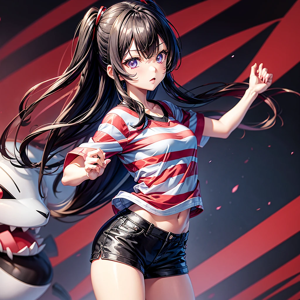 Tokyo Revengers style anime girl, by white, deep purple eyes, black and red striped shirt, shorts negros, adolescent, medium complexion