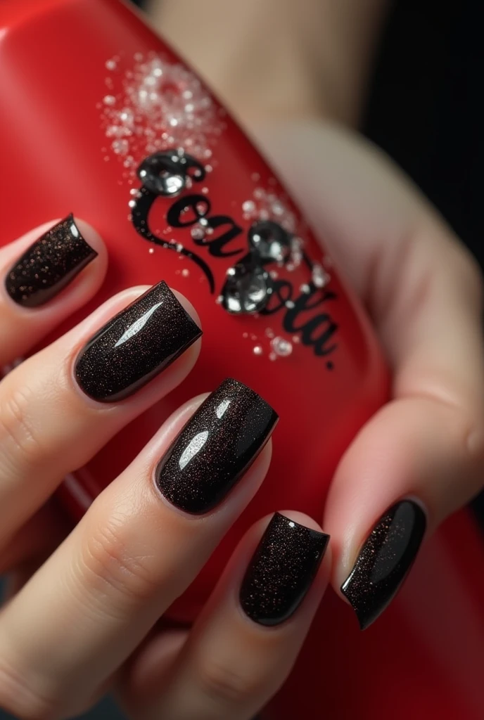 I want you to make Ai nails inspired with coca cola, black nail polish looks like coca cola bubbles 