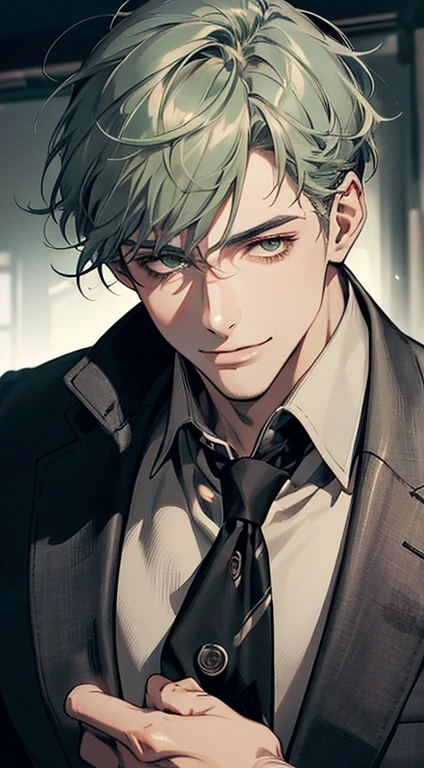 ((a mature man, very handsome, smile in love, short grey green hair, green eyes, perfect face without errors)), ((buttoning the jacket, CEO)), (best quality, masterpiece, 8K, photorealistic, cinematic lighting, hdr image, ultra detailed, beautiful image), (portrait, detailed facial features, intricate textures, realistic skin tones, highly detailed, ultra-realistic), (warm lighting, soft shadows, dramatic lighting), (muted color palette, rich tones), (professional photography, high resolution, studio lighting)