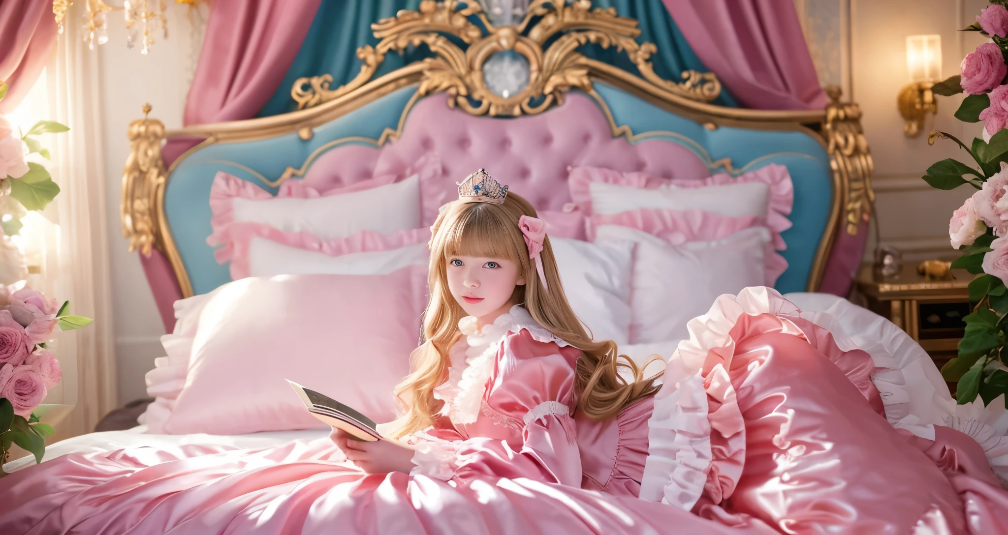 ,highest quality, masterpiece, highest resolution, artwork, super それにget used to it, many get used to it, get used to it, それにget used to it, 3K realistic photos,,(( When I was 10 years old)),Super detailed baby face,She is a princess,Full length ball gown dress with hoop skirt,ruffle yoke collar,puff sleeves,long sleeve,((Lolita style hot pink detailed princess satin dress、Comes with lots of frills and ribbons。)),colorful rococo fashion,shiny satin dress,Soft and smooth fabric,luxury,long blonde hair,blue eyes,white skin european,pajamas,((inside the palace)),,,(( When I was 10 years old)),Super detailed baby face,Full length ball gown dress with hoop skirt,long skirt,ruffle yoke collar,puff sleeves,腰まで伸びるlong blonde hair,blue eyes,white skin european,pajamas,((inside the palace bedroom)),ピンクのシルクサテンのluxuryなcanopy bedの上,canopy bed,Luxurious curtains on both sides of the bed,many frilly pillows on the bed,super detailed background,Detailed bed,romantic atmosphere,little princess is lying on the bed,Read picture books,the dress is spread across the bed,soft pink silk satin comforter,Beautiful girl illustration,detailed beautiful face detailed hair,detailed human eye ,detailed mouth, arm details,detailed hand,detailed picture book