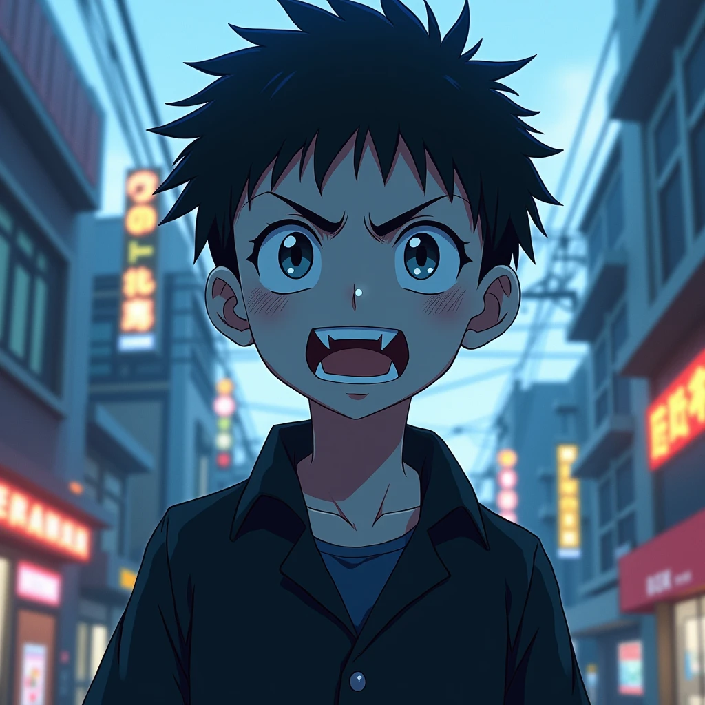 Detailed anime style, masterpiece, Studio Quality, 6k, Full Body Shot, One boy, devil, tooth, teeth, Grey Eyes, Skin of color, (Blue Skin of color 0.9), Goth, Heavy Set, Black Hair, Detailed Background, Modern Town in Japan, Complementary Color, Cinema Lighting, Detailed shading, Digital Texture Painting