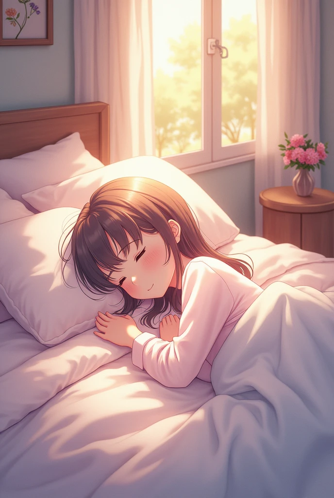 A girl in a bed in anime version