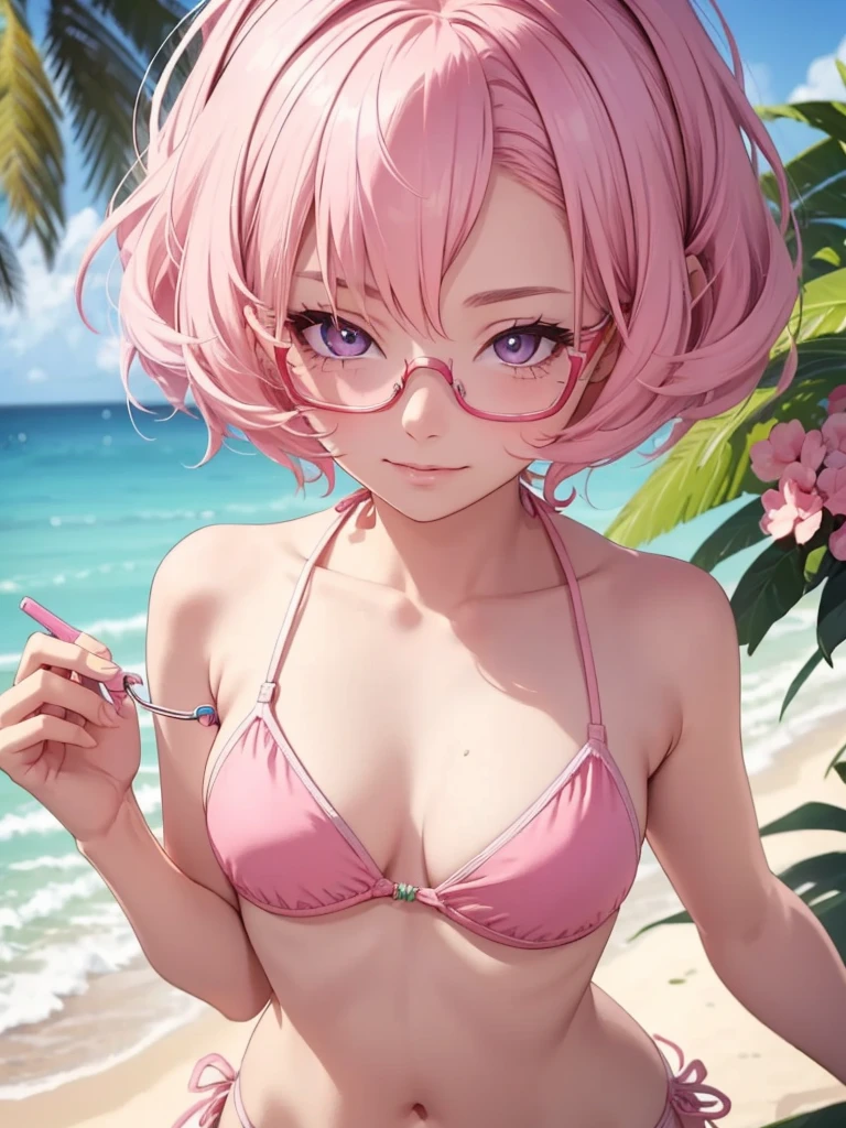 (Emilie), 1woman, wearing a sexy bikini at beach, blonde short hair with {light pink end}, wearing spectacles, (pink colour eyes), 8k, high detailed, high quality