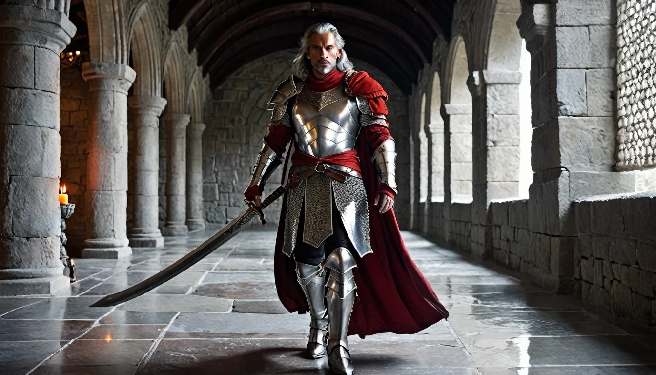 ((masterpiece, The silver armor is decorated with beautiful chainmail.,Gorgeous filigree armor, Detailed fantasy armor)), Inside a stone building, Stone slabs scattered on the floor, A muscular man in armor walking towards the front, dim, Gray Hair, Candles along the walls light up the room., Holding a large rapier, A beautiful dark red twisted rapier, Wearing a dirty cloak, Under his armor he wears a dirty dark crimson loincloth.,There are three small orange gems lined up on the chest., Beautiful metal with fine white detailing on the shoulders